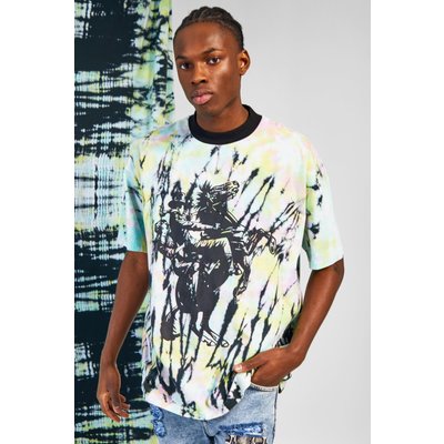 Mens Cream Oversized Tie Dye Cowboy Graphic T-shirt, Cream