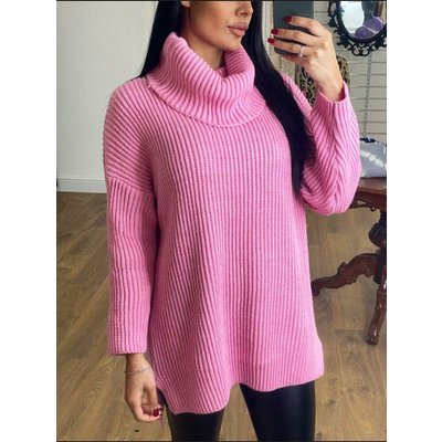 Ivis Oversized Plain Cable Knit Roll Neck Jumper  - Pink