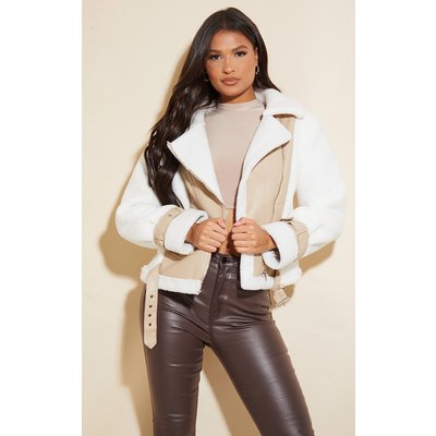 Cream Faux Fur Panel Balloon Sleeve Aviator