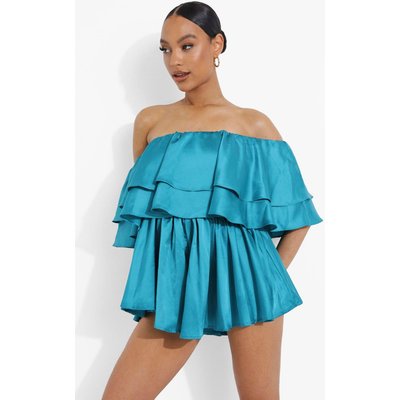 Womens Satin One Shoulder Extreme Ruffle Playsuit - Green - 10, Green