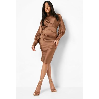 Womens Petite Satin High Neck Ruched Midi Dress - Brown - 6, Brown