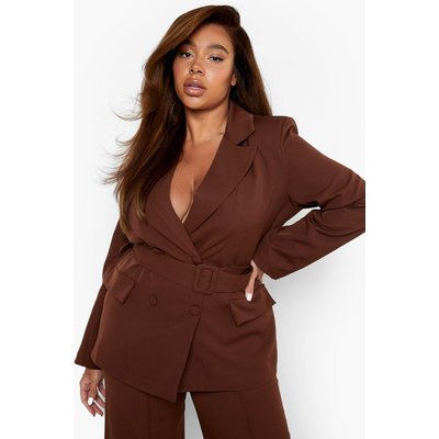 Womens Plus Belted Double Breasted Blazer - Brown - 22, Brown