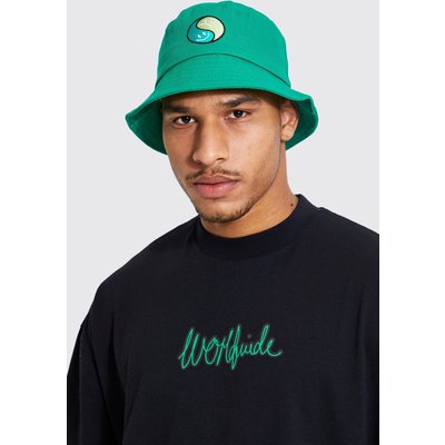 Mens Green Embroidered Ying Yang Trippy Bucket Hat, Green