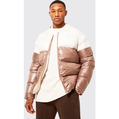 Mens Cream Spliced Quilted Bomber, Cream