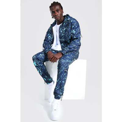 Mens Blue Oversized Marble Print Toggle Zip Tracksuit, Blue