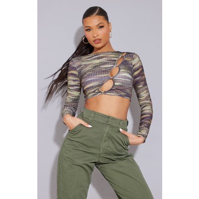 Green Wavy Print Textured Cut Out Long Sleeve Crop Top