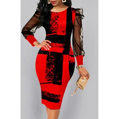 ROTITA Color Block Graffiti Print 3/4 Sleeve Dress