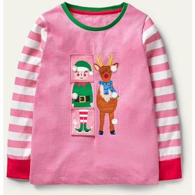 Festive Flipbook T-shirt Pink Girls Boden, Bright Petal Pink Festive