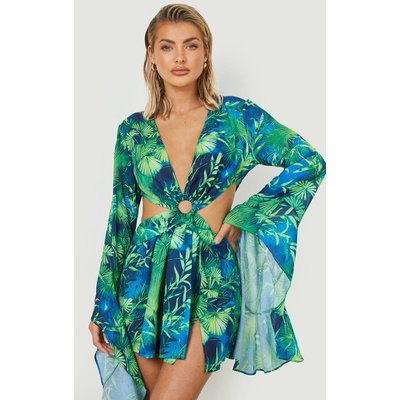 Womens Premium Tropical O Ring Sleeve Mini Dress - Green - S, Green