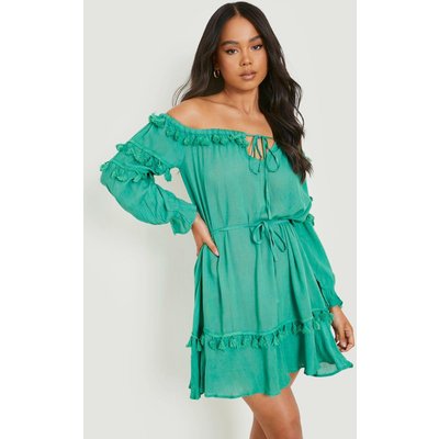 Womens Petite Cheesecloth Tassel Skater Dress - Green - 16, Green