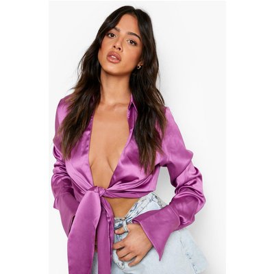 Womens Satin Deep Cuff Tie Front Shirt - Purple - 12, Purple