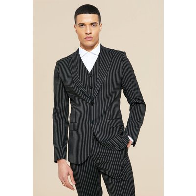 Womens Skinny Single Breasted Pinstripe Suit Jacket - Black - 34, Black