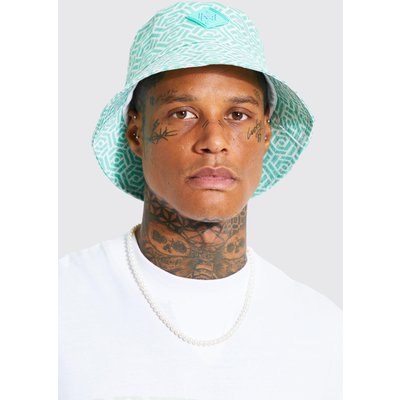 Mens Green Rubber Badge All Over Print Bucket Hat, Green