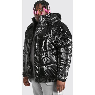 Mens Black Plus Size MAN Dash High Shine Hooded Puffer, Black