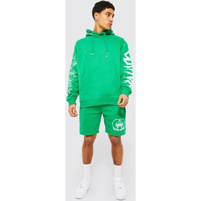 Mens Green Oversized Barbed Wire Hoodie & Popper Short, Green