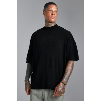 Mens Black Extended Neck Oversized Knitted T-shirt, Black