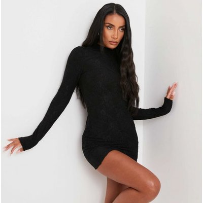 High Neck Long Sleeve Mini Bodycon Dress In Black Lace UK 10, Black