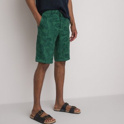 Leaf Print Linen Bermuda Shorts