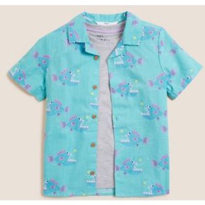 M&S Boys 2pc Pure Cotton Fish Shirt with T Shirt (2-7 Yrs) - 3-4 Y - Turquoise Mix, Turquoise Mix