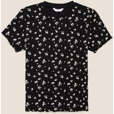 M&S Girls Cotton Rich Floral Print Ribbed T-shirt (6-16 Yrs) - 6-7 Y - Black Mix, Black Mix