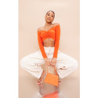 Orange Slinky Ruched Front Long Sleeve Crop Top