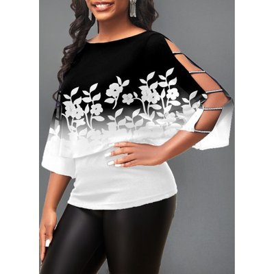 Ladder Cutout Floral Print Ombre Sequin T Shirt