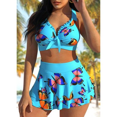 Cyan Butterfly Print High Waisted Bikini Set