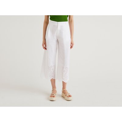 Benetton, Trousers With Broderie Anglaise Embroidery, size 12, White, Women