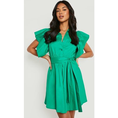 Womens Cotton Poplin Frill Sleeve Belted Shirt Dress - Green - 16, Green