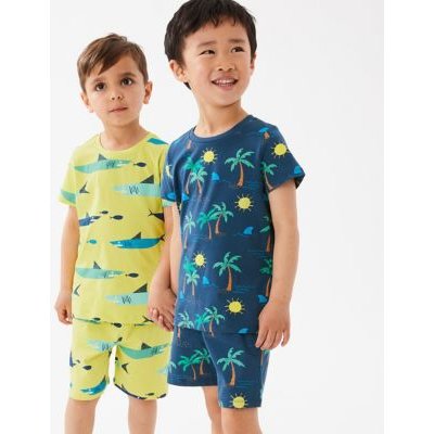 M&S Boys 2pk Pure Cotton Shark Short Pyjama Sets (12 Mnths - 7 Yrs) - 1-1+Y - Yellow Mix, Yellow Mix