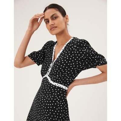 M&S Womens Polka Dot Button Detail Midi Tea Dress - 16SHT - Black Mix, Black Mix