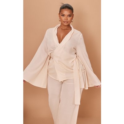 Plus Cream Plisse Wrap Blouse