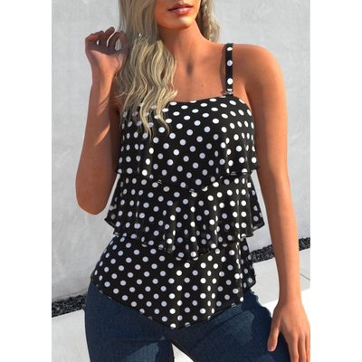 ROTITA Polka Dot Layered Hem Black Camisole Top