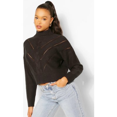 Womens High Neck Knit Detail Jumper - Black - L, Black