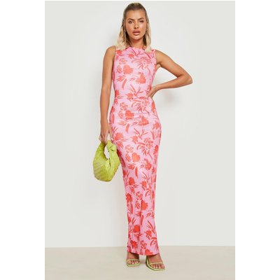 Womens Rib Sleeveless Maxi Dress Floral Print - Pink - 18, Pink