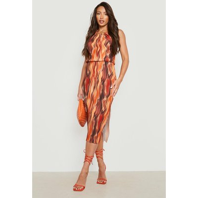 Womens Tall Printed Plisse Pleated Split Midi Dress - Orange - 12, Orange