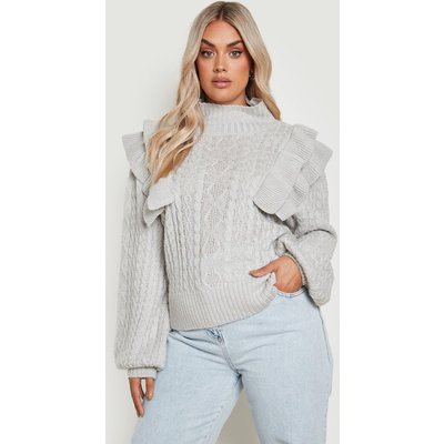 Womens Plus Ruffle Cable Knit Jumper - Grey - 24-26, Grey