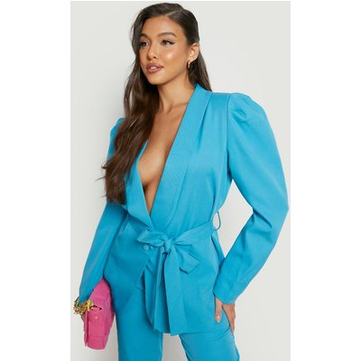 Womens Volume Sleeve Tie Waist Tailored Blazer - Blue - 10, Blue