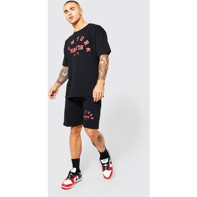 Mens Black Oversized New York T-shirt And Short Set, Black