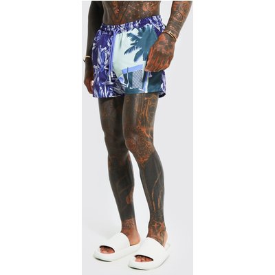 Mens Purple Spliced Palm Print Short Length Swim Shorts, Purple