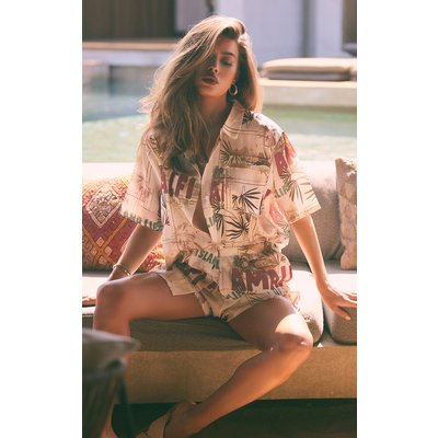 Cream Amalfi Island Print Button Up Beach Shirt