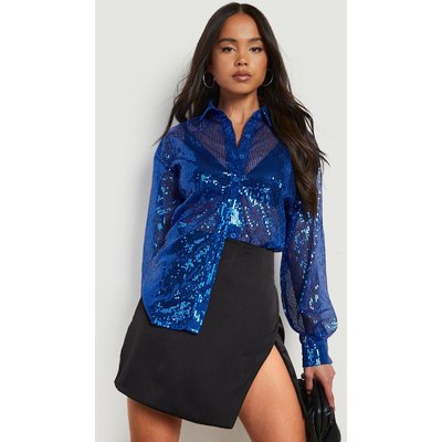 Womens Petite Sequin Sheer Oversized Shirt - Blue - 8, Blue