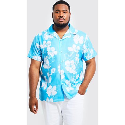 Mens Blue Plus Floral Print Revere Collar Shirt, Blue