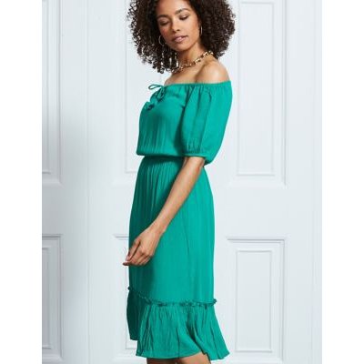 Sosandar Womens Textured Bardot Short Sleeve Waisted Dress - 8 - Green, Green