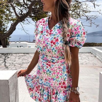 Pink Blue Floral V Neck Puff Sleeve Tiered Dress