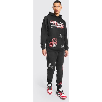 Womens Tall Graffiti Doodle Graphic Hooded Tracksuit - Black - L, Black