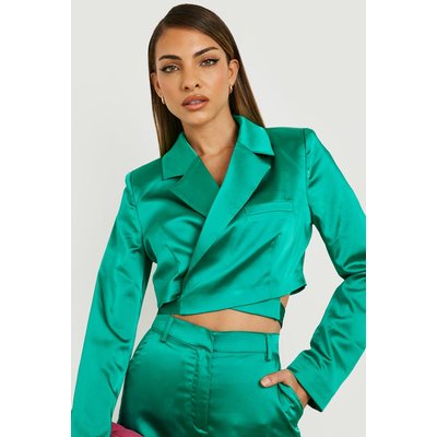 Womens Premium Satin Wrapped Crop Blazer - Green - 14, Green