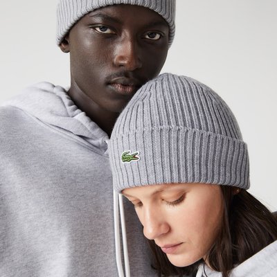 Unisex Lacoste Ribbed Wool Beanie Size Unique size Grey Chine