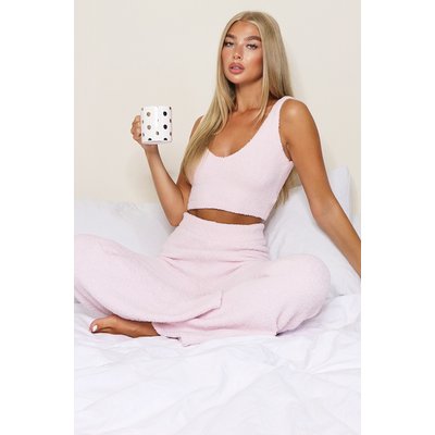 Pale Pink Popcorn Chenille Bralet And Wide Leg  Lounge Set Pants