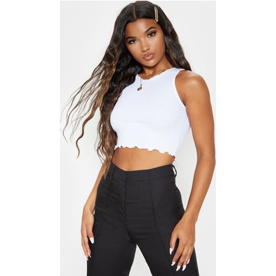 White Rib Frill Detail High Neck Crop Top